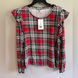 NWT CROWN & IVY RUFFLE SHOULDER BLOUSE IN RED PLAID XL